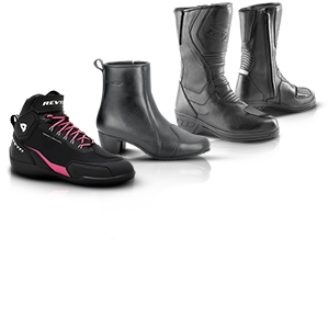 Four motorcycle shoes in black, including sporty sneakers and classic boot styles.